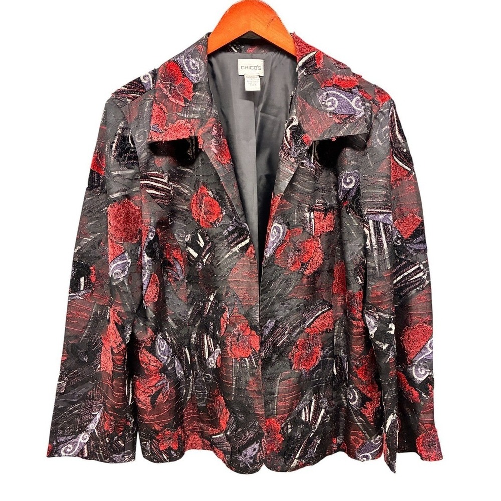 Chico's Paisley Tapestry Jacket Womens 3 XL Black Red Metallic Brocade Party